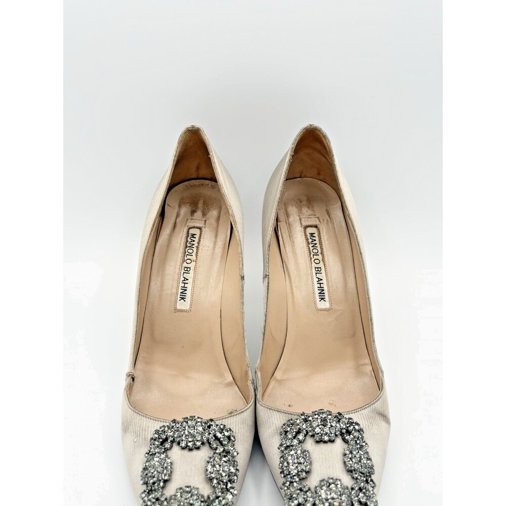 Manolo Blahnik Light Grey Satin Hangisi Rhinestone Embellished Heels Size EU 38 - Picture 6 of 15